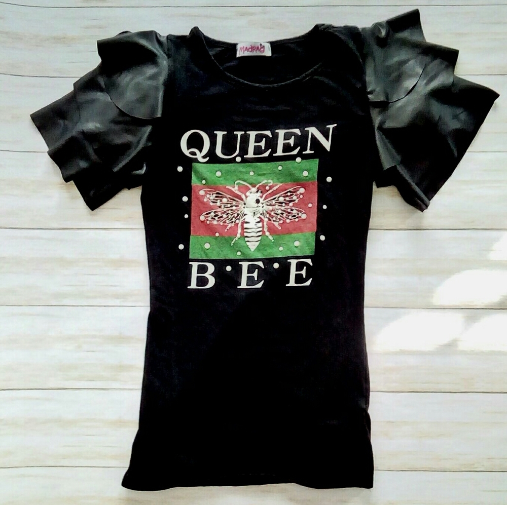 Madrag | Queen Bee Faux Leather Sleeve Tshirt (S)